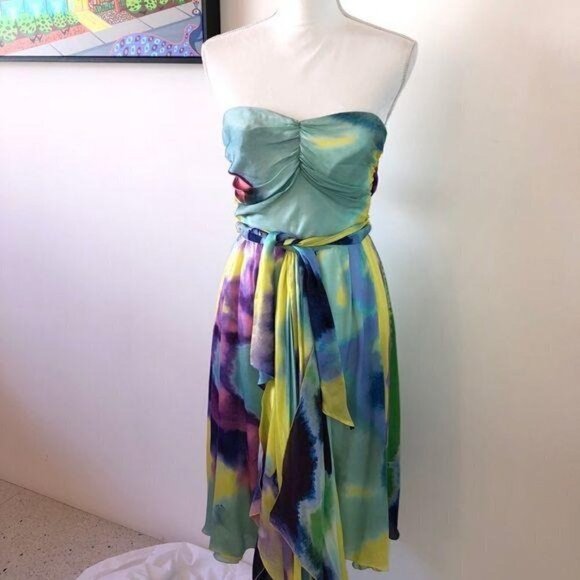 Christian Lacroix Dress Womens Size 6 Tie Dye Effect Silk Strapless Sash Waist - Picture 10 of 14